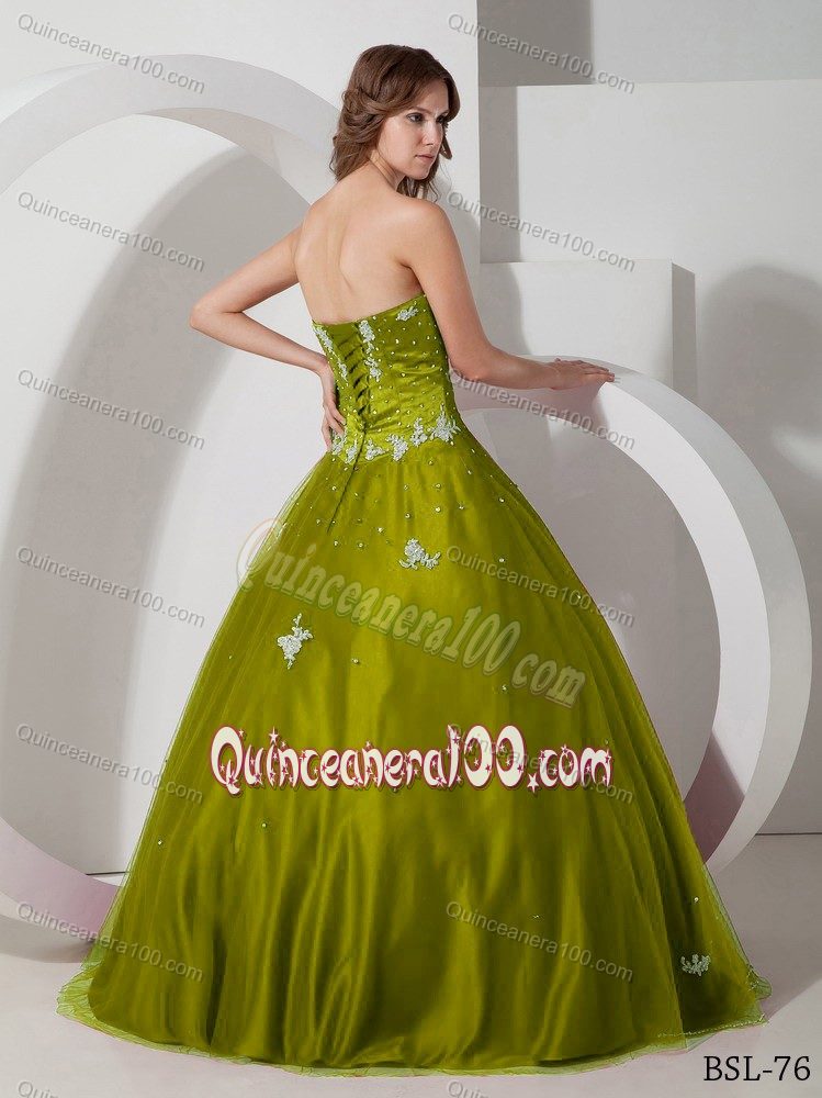 Olive Strapless Quinceanera Dress with Appliques and Beading