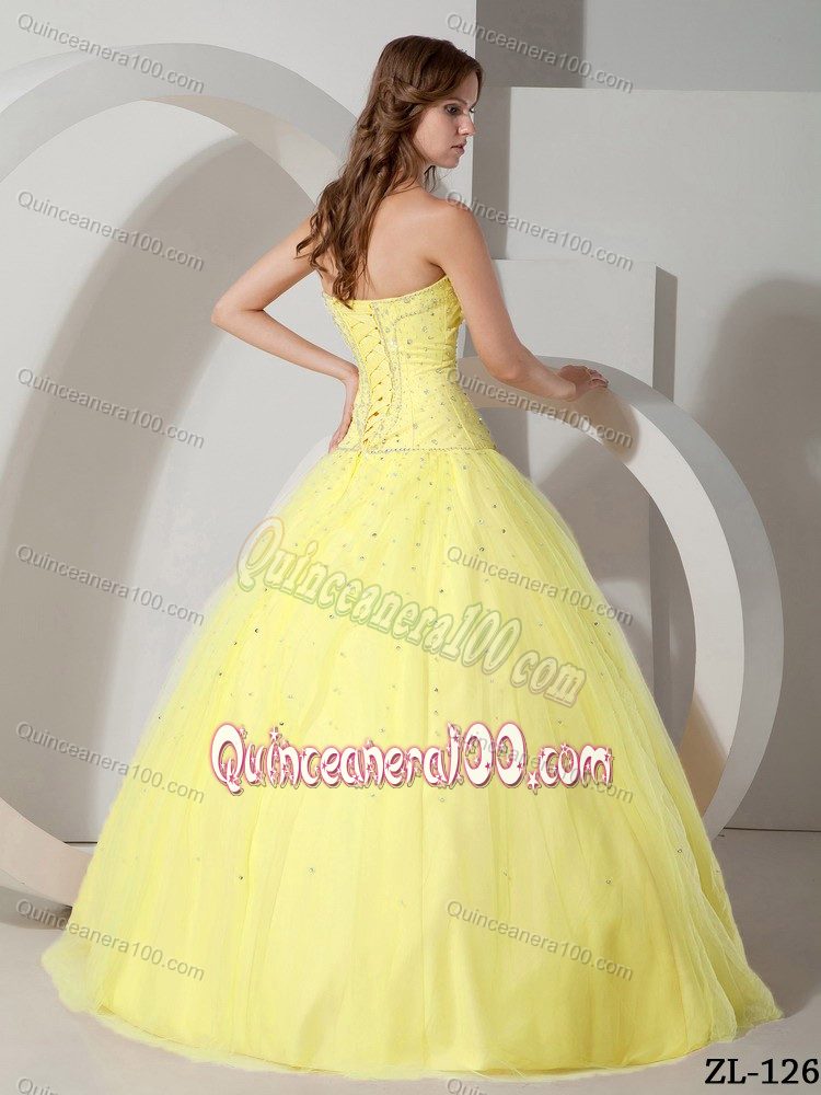 Beautiful Light Yellow Beading Decorate Sweet 16 Dress Strapless