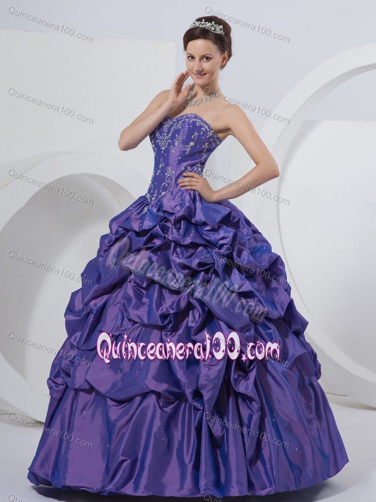 Purple Sweetheart Quinceanera Dress with Embroidery and Pick-ups