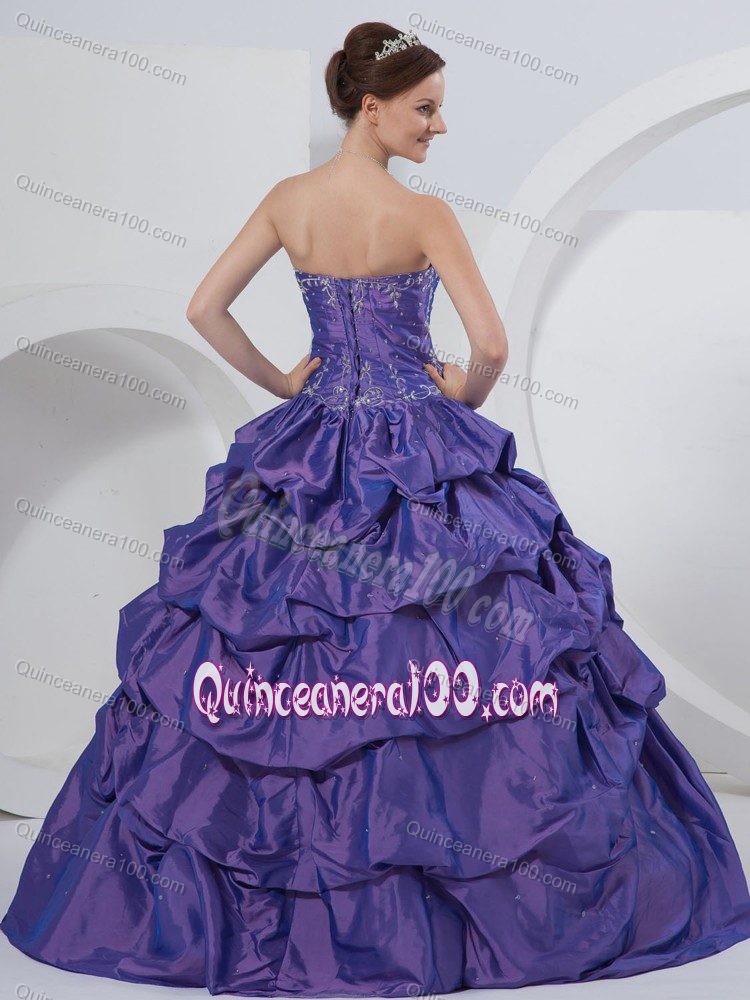 Purple Sweetheart Quinceanera Dress with Embroidery and Pick-ups