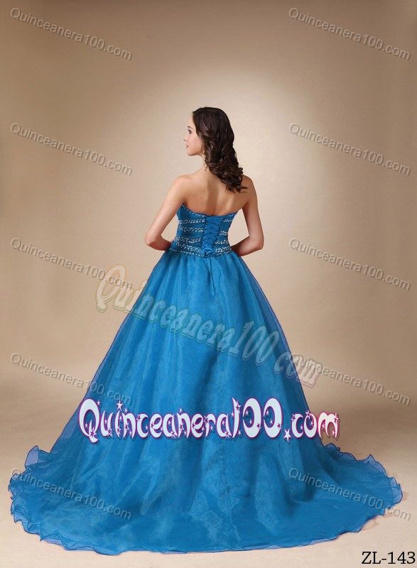 Exclusive Blue Organza Beaded Sweetheart Quinceanera Dress