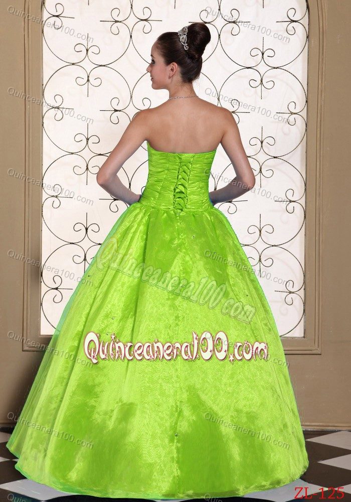 Beaded and Ruched Strapless Spring Green Quinceanera Gowns Dresses