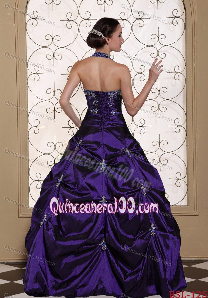 Dark Purple Halter Embroidery Pick ups Quinceanera Dresses Gowns