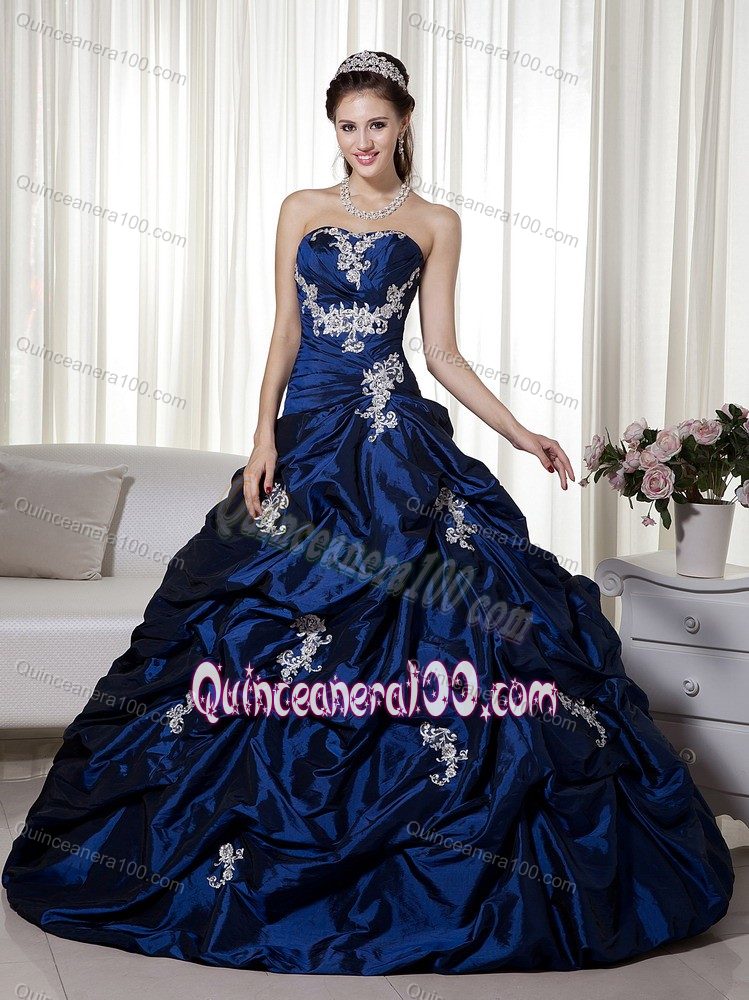 Appliqued Royal Blue Taffeta Pick ups Quinceanera Dresses Gowns