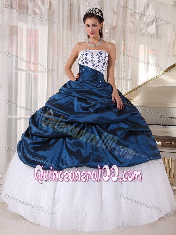 Embroidered White and Navy Blue Pick ups Quinceanera Dress Gown