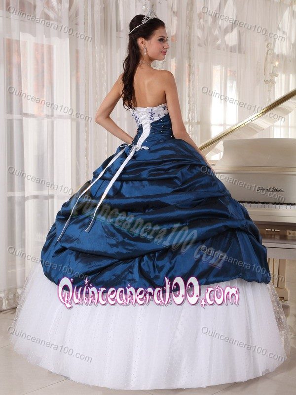 Embroidered White and Navy Blue Pick ups Quinceanera Dress Gown