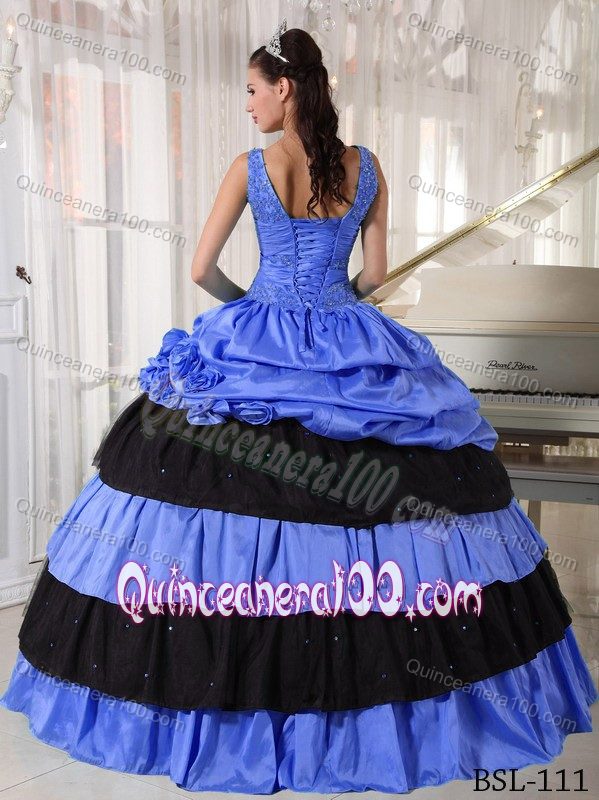 Blue and Black V-neck Dress for Quinceanera with Appliques 2013