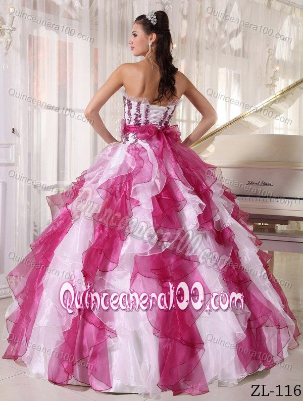 Appliqued and Ruffled Dress for Quinceanera in White and Fuchsia