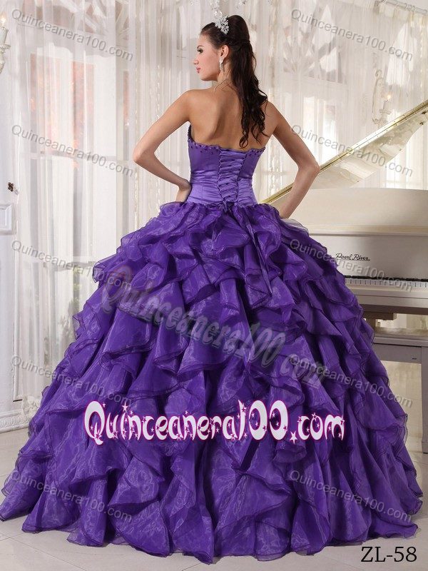 Beaded and Ruffled Corset Dresses for A Quince in Dark Purple