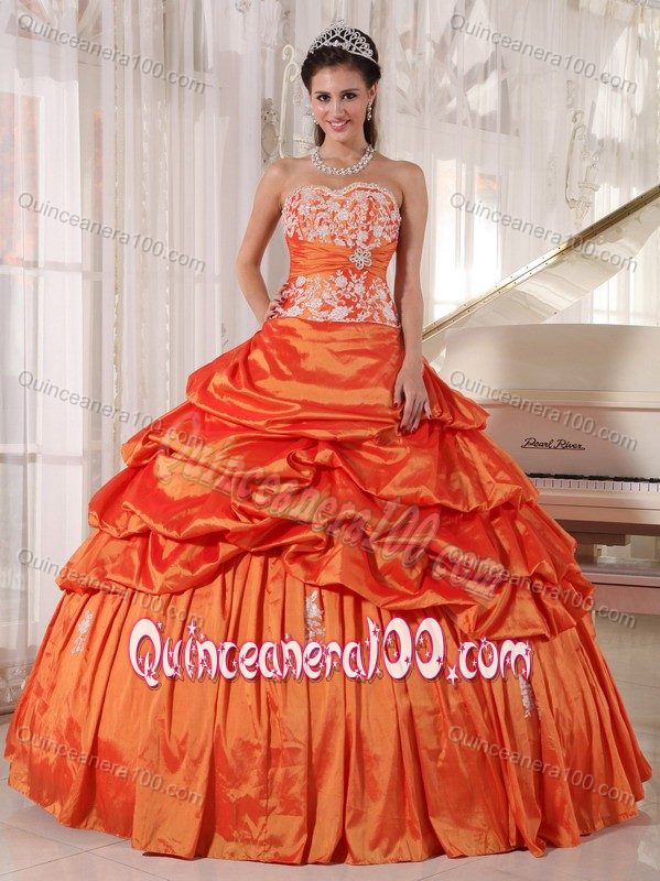 Appliqued Orange Red Taffeta Dresses for A Quince with Pick ups