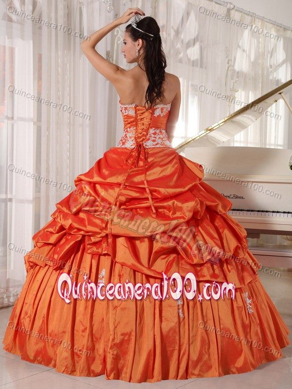 Appliqued Orange Red Taffeta Dresses for A Quince with Pick ups