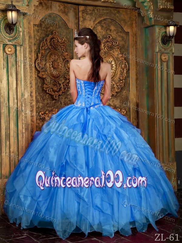 Blue Ball Gown Organza Dresses for 15 with Appliques and Ruffles