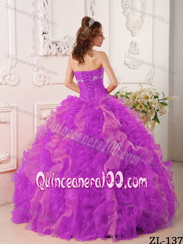 Beaded Fuchsia Organza Dresses for A Quinceanera with Ruffles