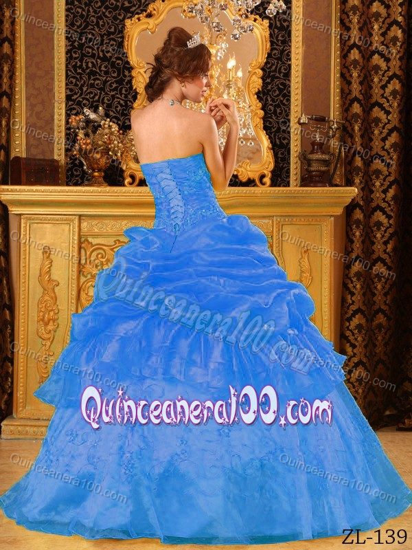 Blue Ball Gown Organza Dresses for A Quinceanera with Appliques