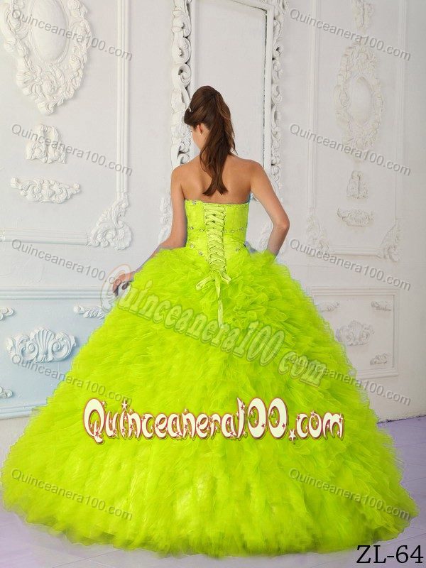 Alison Lohman Beaded and Ruffled Yellow Green Sweet Sixteen Quinceanera Dresses