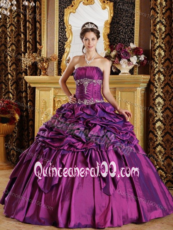 Appliqued Purple Strapless Sweet 16 Dresses with Pick ups 2013