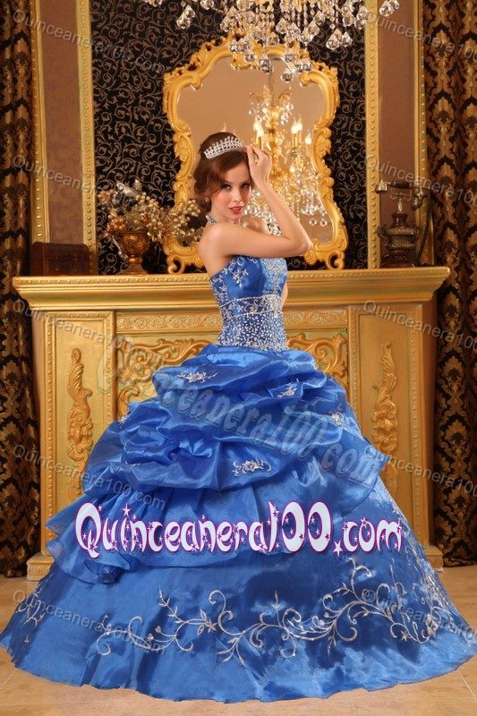 Blue Organza Strapless Sweet 16 Dresses with Embroidery Pick ups