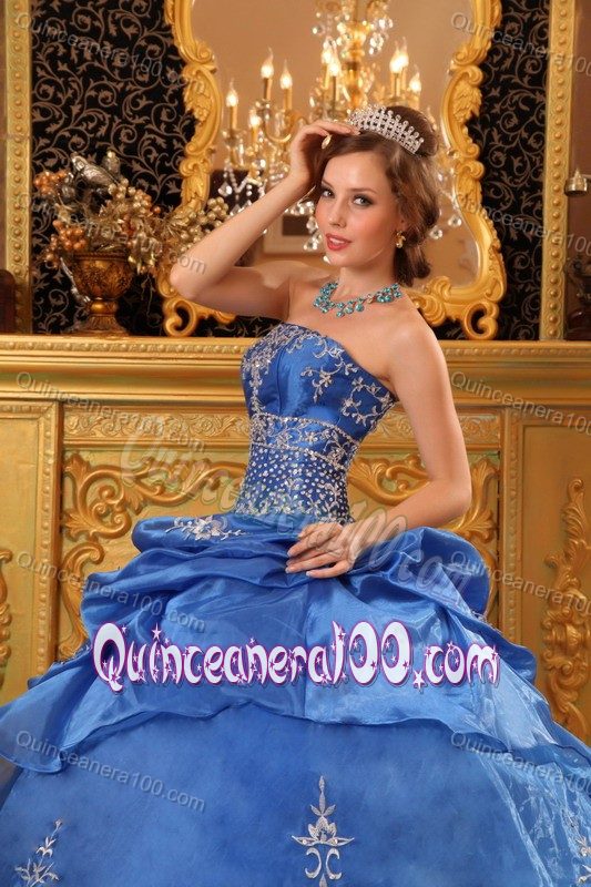 Blue Organza Strapless Sweet 16 Dresses with Embroidery Pick ups