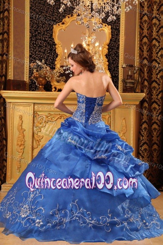 Blue Organza Strapless Sweet 16 Dresses with Embroidery Pick ups