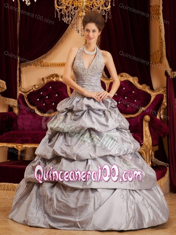 Appliqued Gray Halter Taffeta Sweet 16 Dresses with Pick ups 2013