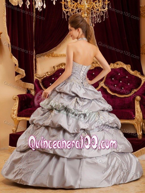 Appliqued Gray Halter Taffeta Sweet 16 Dresses with Pick ups 2013