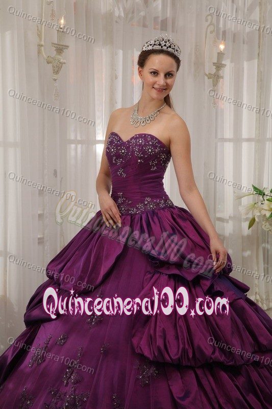 Pick ups and Appliques Accent Purple Taffeta Sweet Sixteen Dress