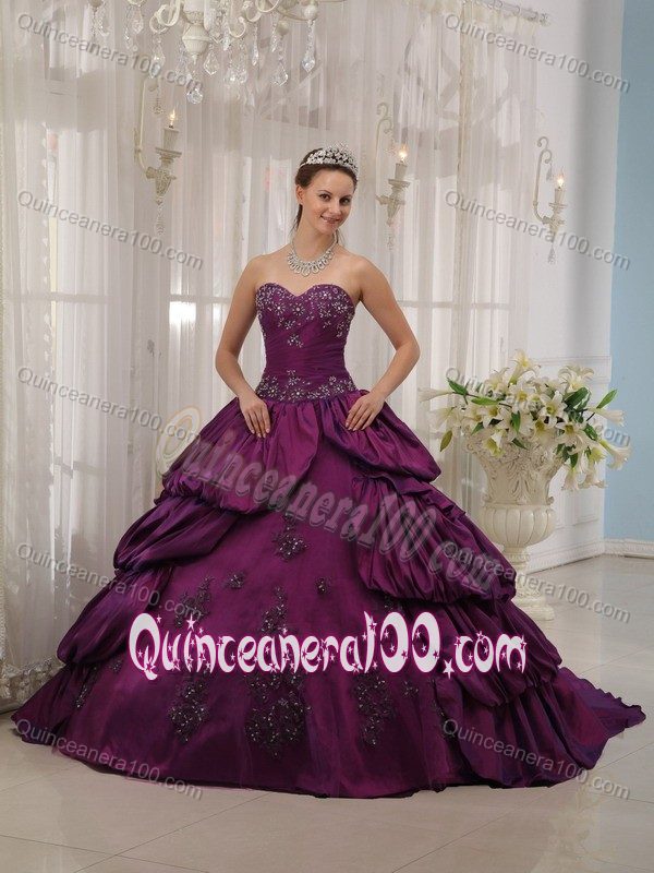 Pick ups and Appliques Accent Purple Taffeta Sweet Sixteen Dress