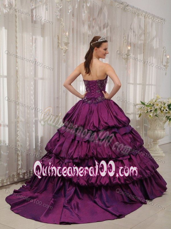 Pick ups and Appliques Accent Purple Taffeta Sweet Sixteen Dress