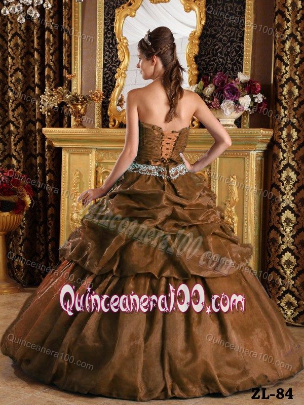 Ruched and Appliqued Brown Sweet Sixteen Dresses with Pick ups