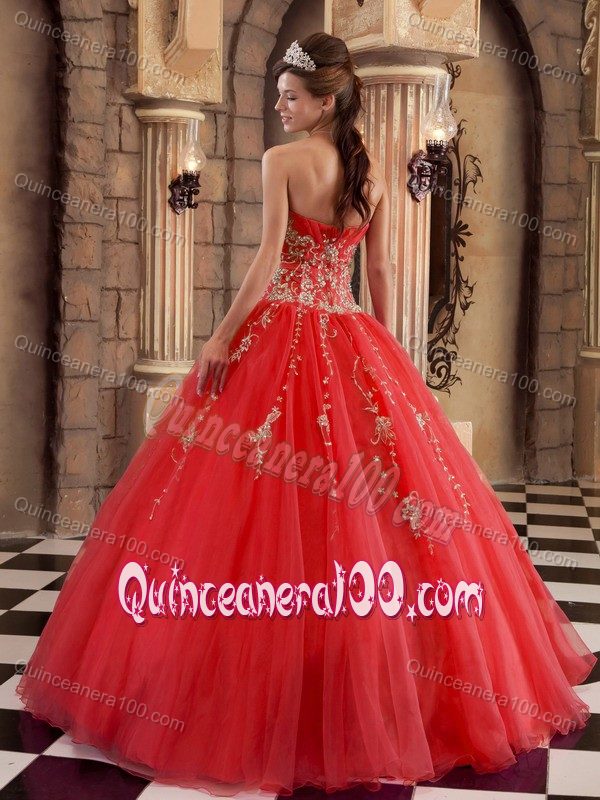 Red Ball Gown Organza Sweetheart Quinceanera Gown with Appliques