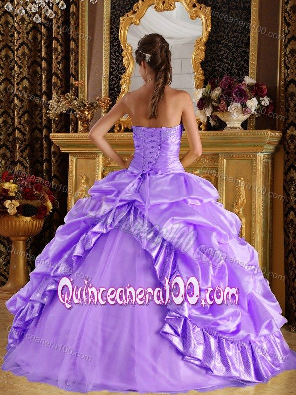 Appliqued Lilac Strapless Bow Quinceanera Gown with Pick ups