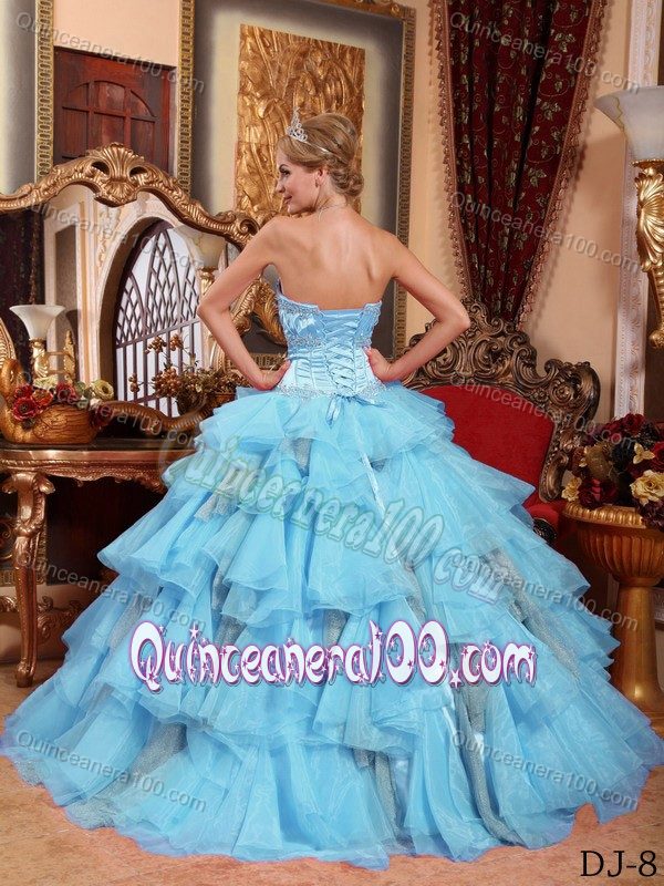 Beading and Ruffles Accent Organza Quinces Dresses in Aqua Blue