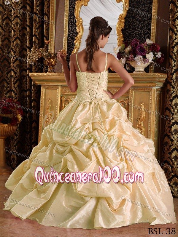 Spaghetti Straps Champagne Quinces Dresses with Beading Pick ups