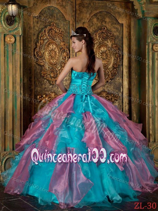 Ruffled Teal and Rose Pink Quinceanera Dresses with Beading 2014