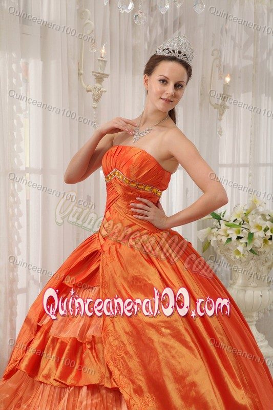 Ruched and Layer Decorate Strapless Quinceanera Dress Orange