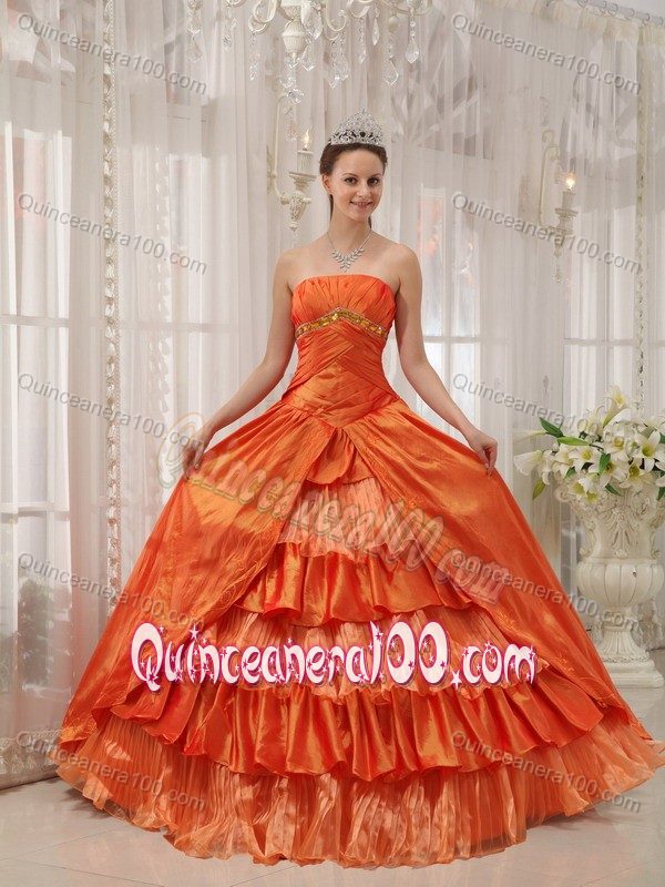 Ruched and Layer Decorate Strapless Quinceanera Dress Orange