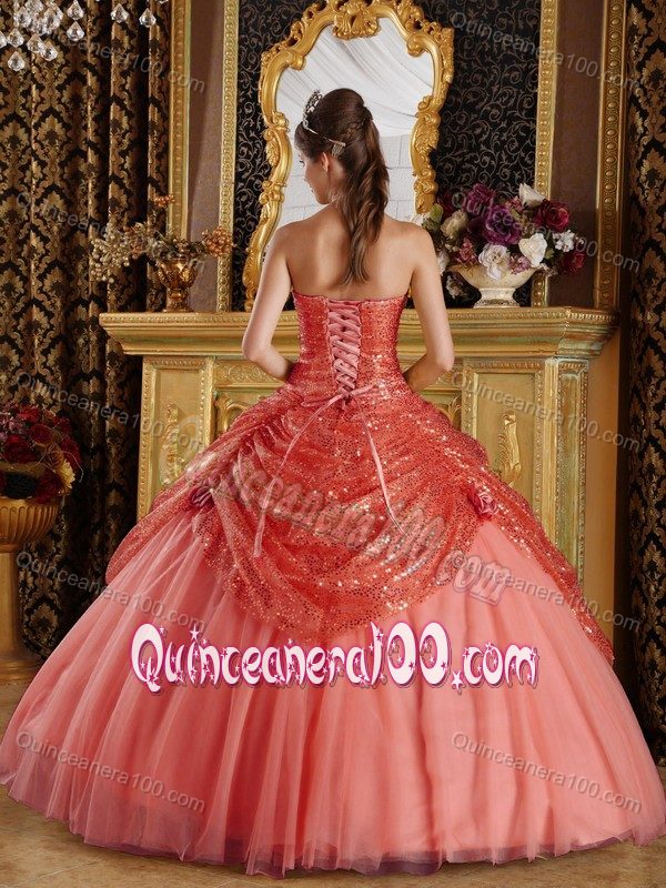 Best Rust Red Sequined and Tulle Handle Flowers Quinceanera Dress