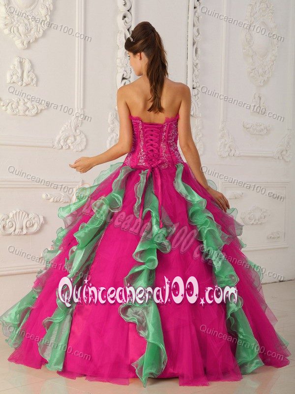 Charming Coral Red and Green Sweet 16 Dress Strapless with Boning