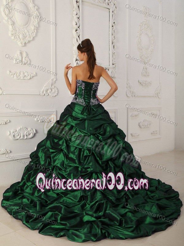 Dark Green Sweetheart Chapel Train Appliques Quinceanera Dress