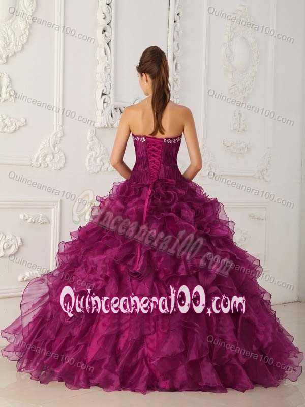 With Exquisite Embroidery Fuchsia Ruffled 2013 Quince Ball Gown