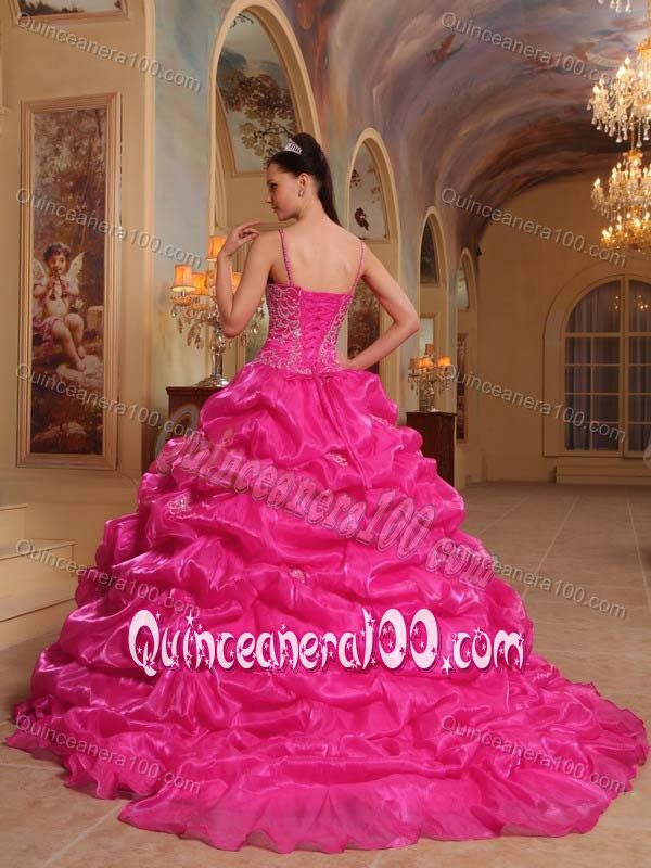 New Spaghetti Straps Hot Pink Bubbled Organza 15 Gown V-neck