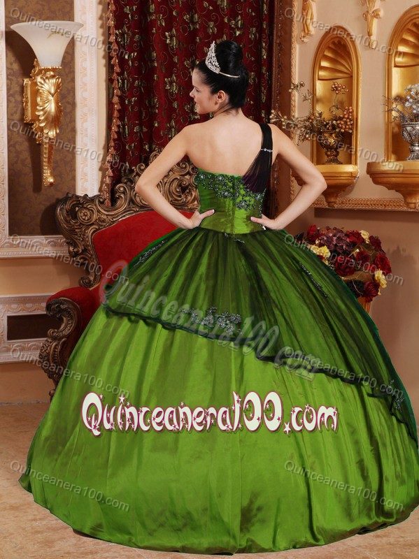 one Shoulder Appliqued Beaded Olive Green Quinceanera Gowns