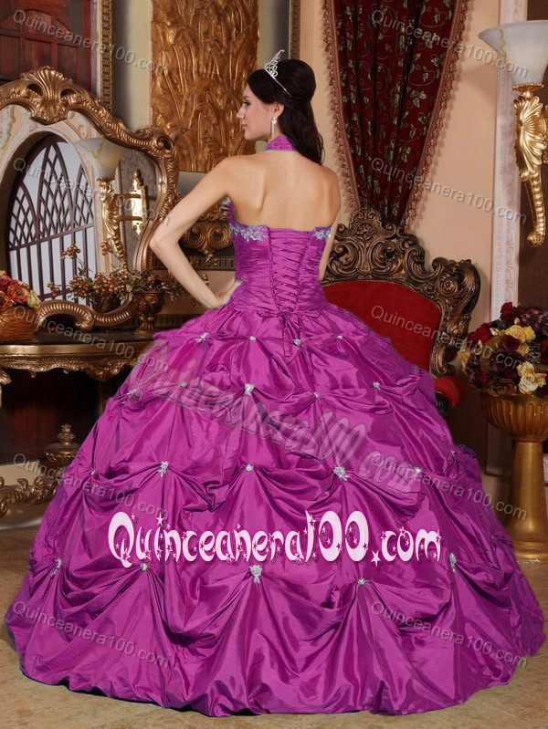 Halter Fuchsia Quinceanera Dresses with Pick Ups and Appliques