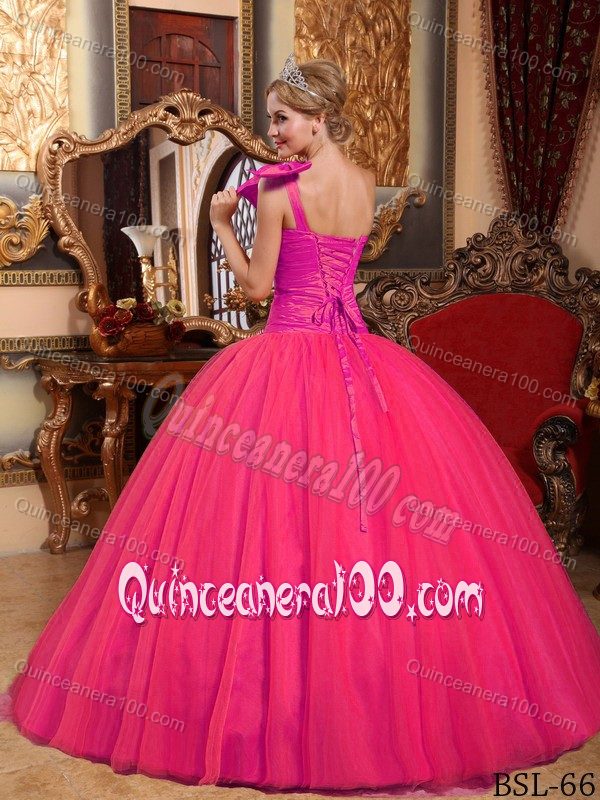 Ball Gown one Shoulder Ruched Hot Pink Quinceanera Gowns