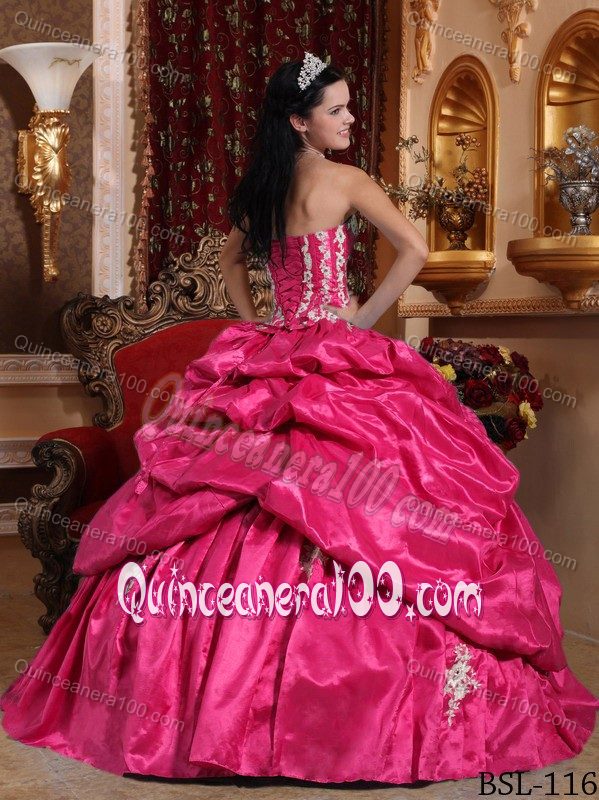 Hot Pink Strapless Sweet 16 Dress with Pick Ups and Appliques