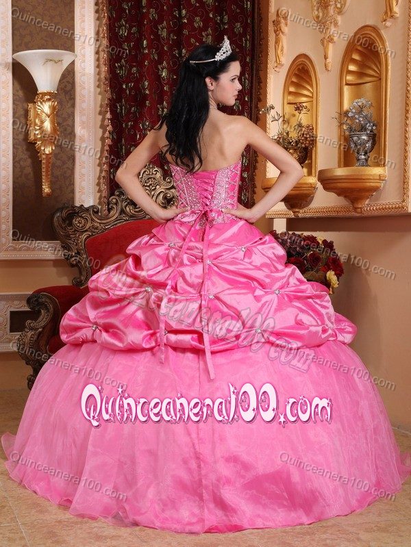 Corset Back Rose Pink Beaded Sweet 16 Dresses with Pick Ups