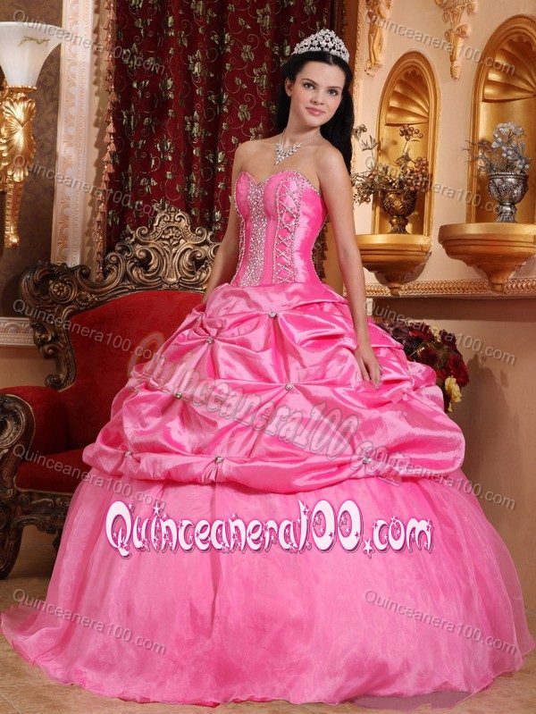 Corset Back Rose Pink Beaded Sweet 16 Dresses with Pick Ups