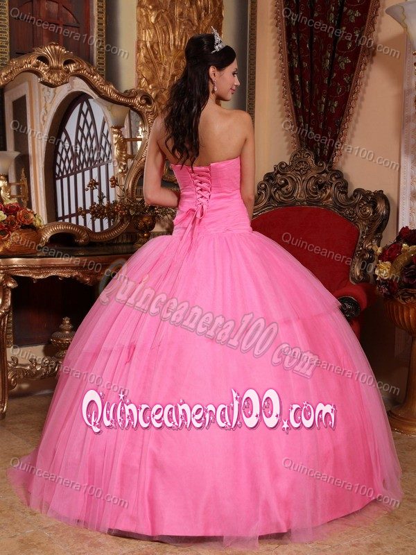 Rose Pink Dropped Waist Dress For Quinceaneras with Puffy Skirt