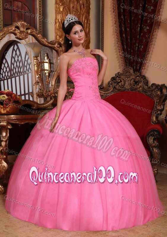 Rose Pink Dropped Waist Dress For Quinceaneras with Puffy Skirt