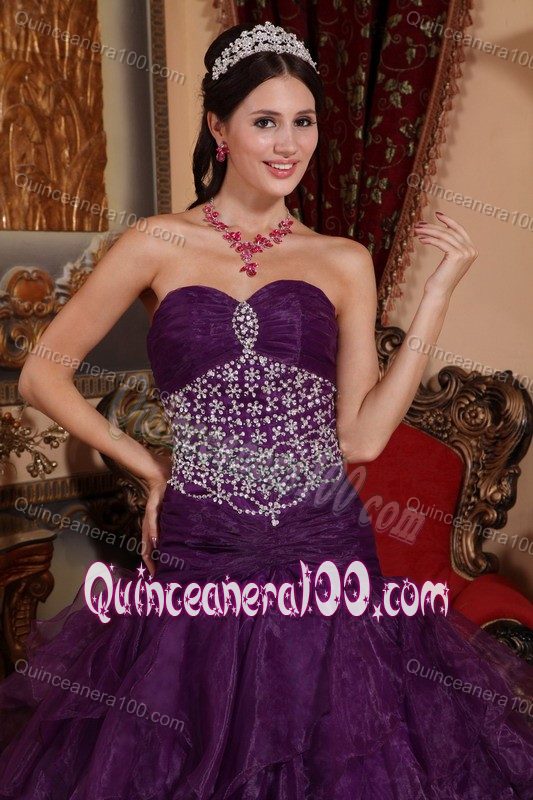 Dropped Waist Purple Ruffled Quinces Dresses with Beaded Bodice